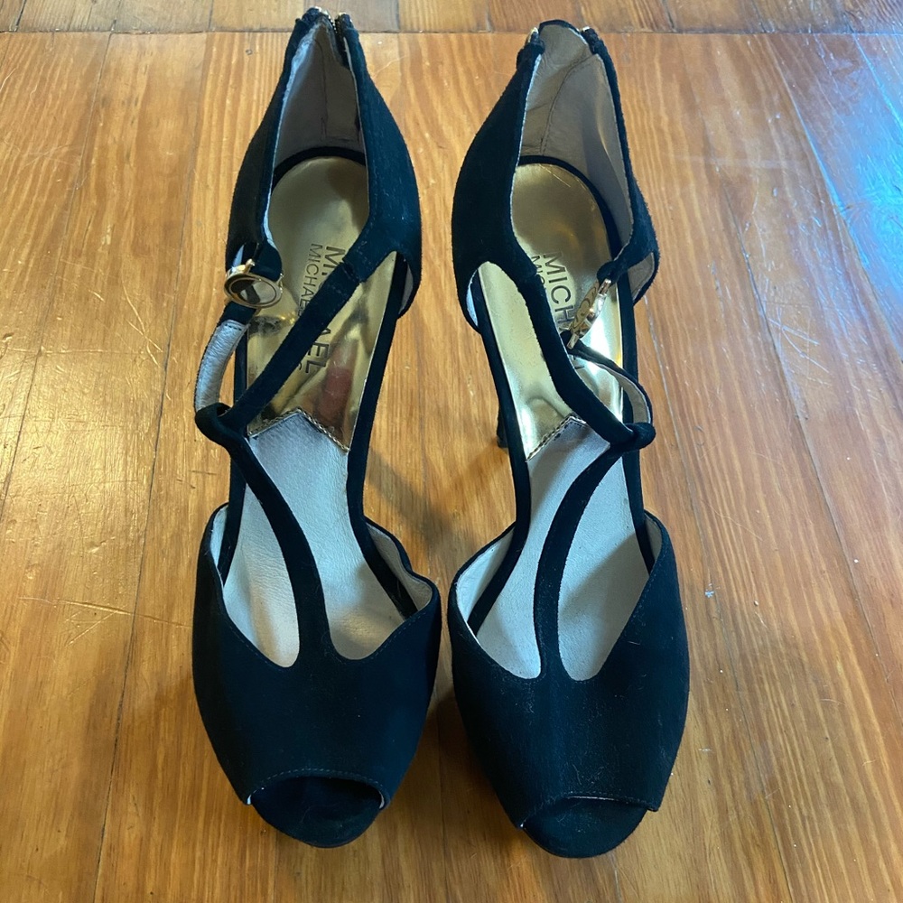 Black Suede Michael Kors Open Toe Heels